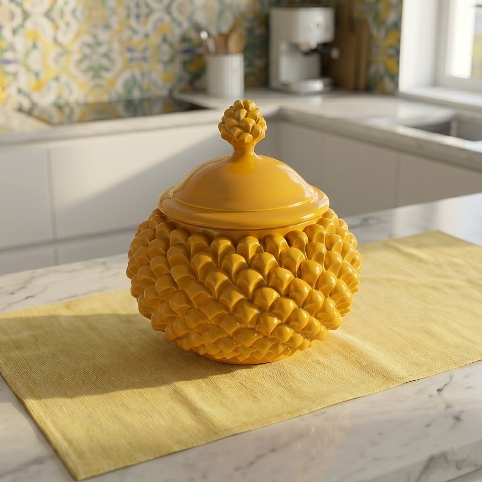 Biscottiera a Pigna in Ceramica di Caltagirone Ø 20 cm - Senape