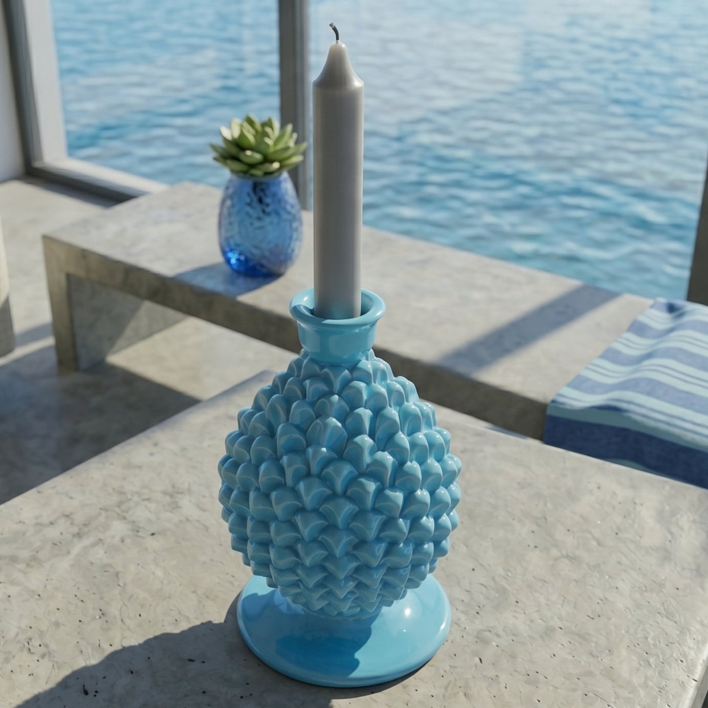 Portacandela a Pigna in Ceramica di Caltagirone h 18 cm - Turchese | Bomboniera