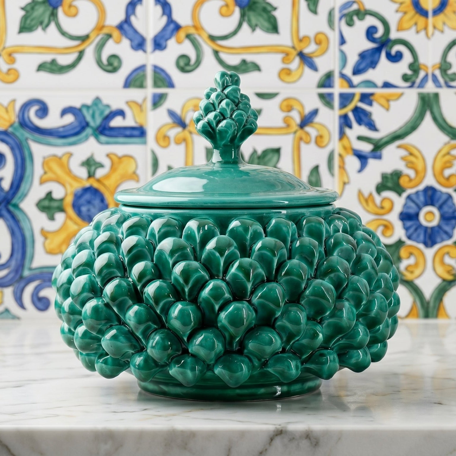 Biscottiera a Pigna in Ceramica di Caltagirone Ø 20 cm - Verde Smeraldo