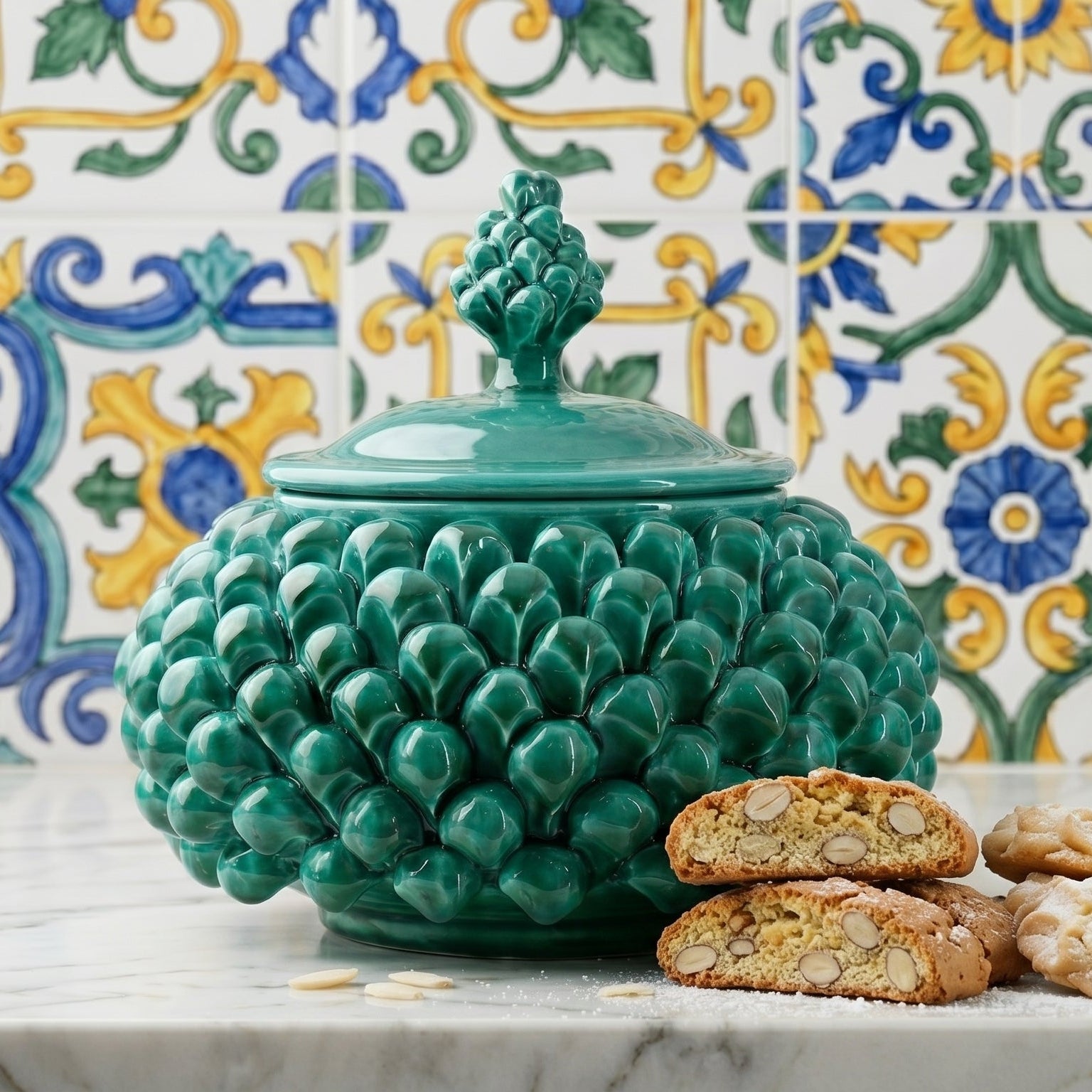 Biscottiera a Pigna in Ceramica di Caltagirone Ø 20 cm - Verde Smeraldo