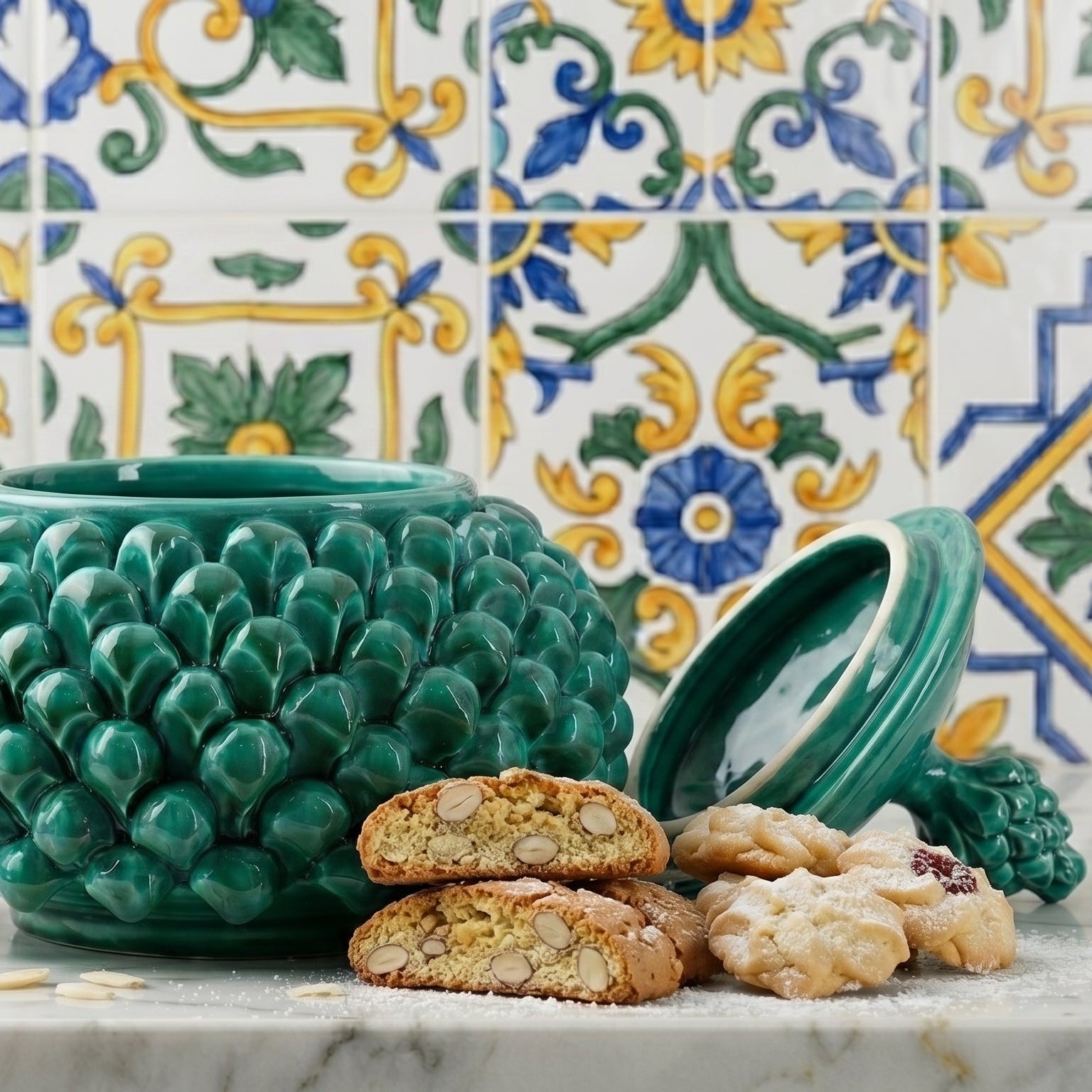 Biscottiera a Pigna in Ceramica di Caltagirone Ø 20 cm - Verde Smeraldo