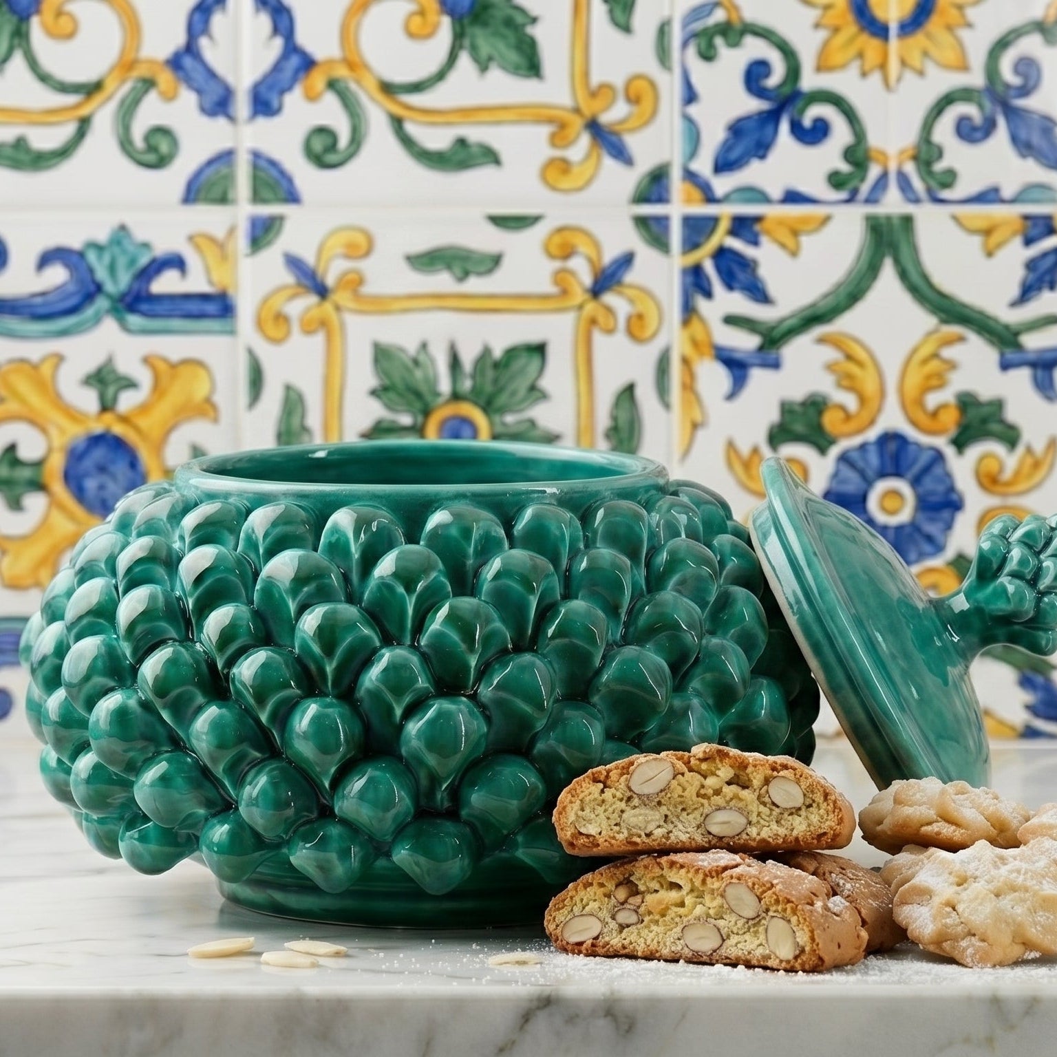 Biscottiera a Pigna in Ceramica di Caltagirone Ø 20 cm - Verde Smeraldo