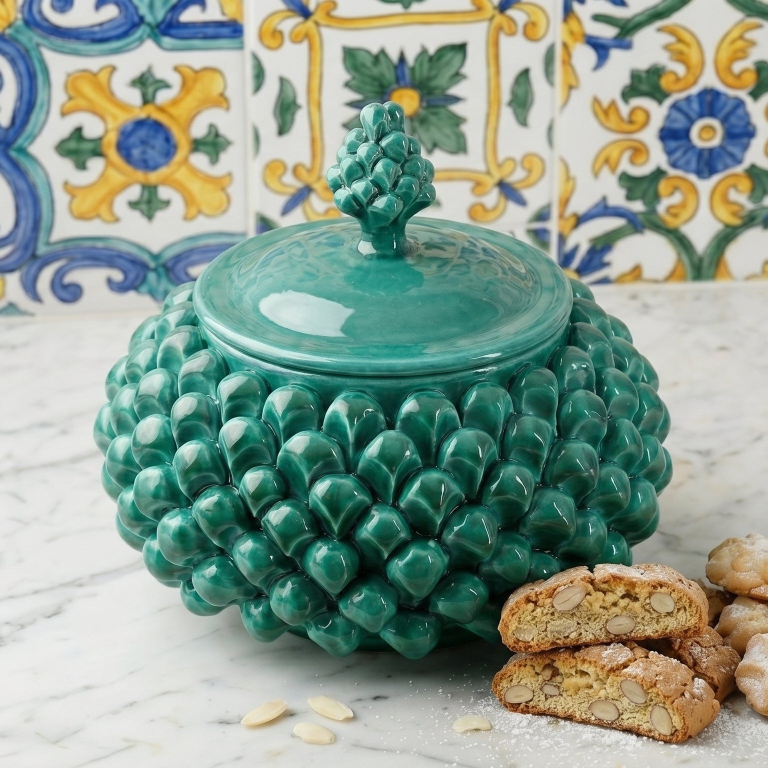 Biscottiera a Pigna in Ceramica di Caltagirone Ø 20 cm - Verde Smeraldo