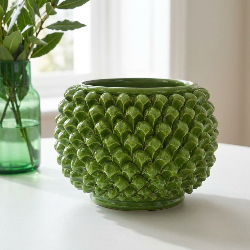 Vaso Mezza Pigna Senza Piede in Ceramica di Caltagirone - Verde Foglia