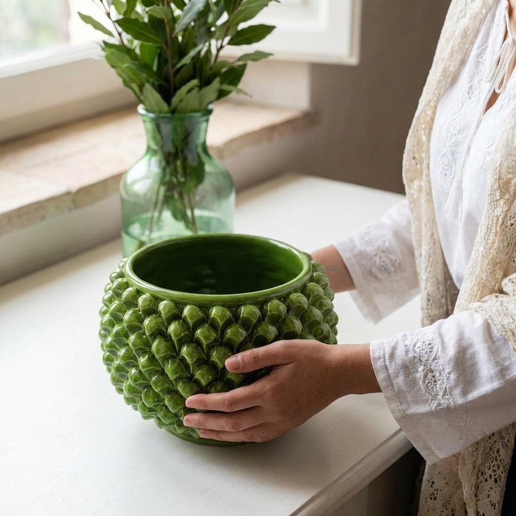 Vaso Mezza Pigna Senza Piede in Ceramica di Caltagirone - Verde Foglia