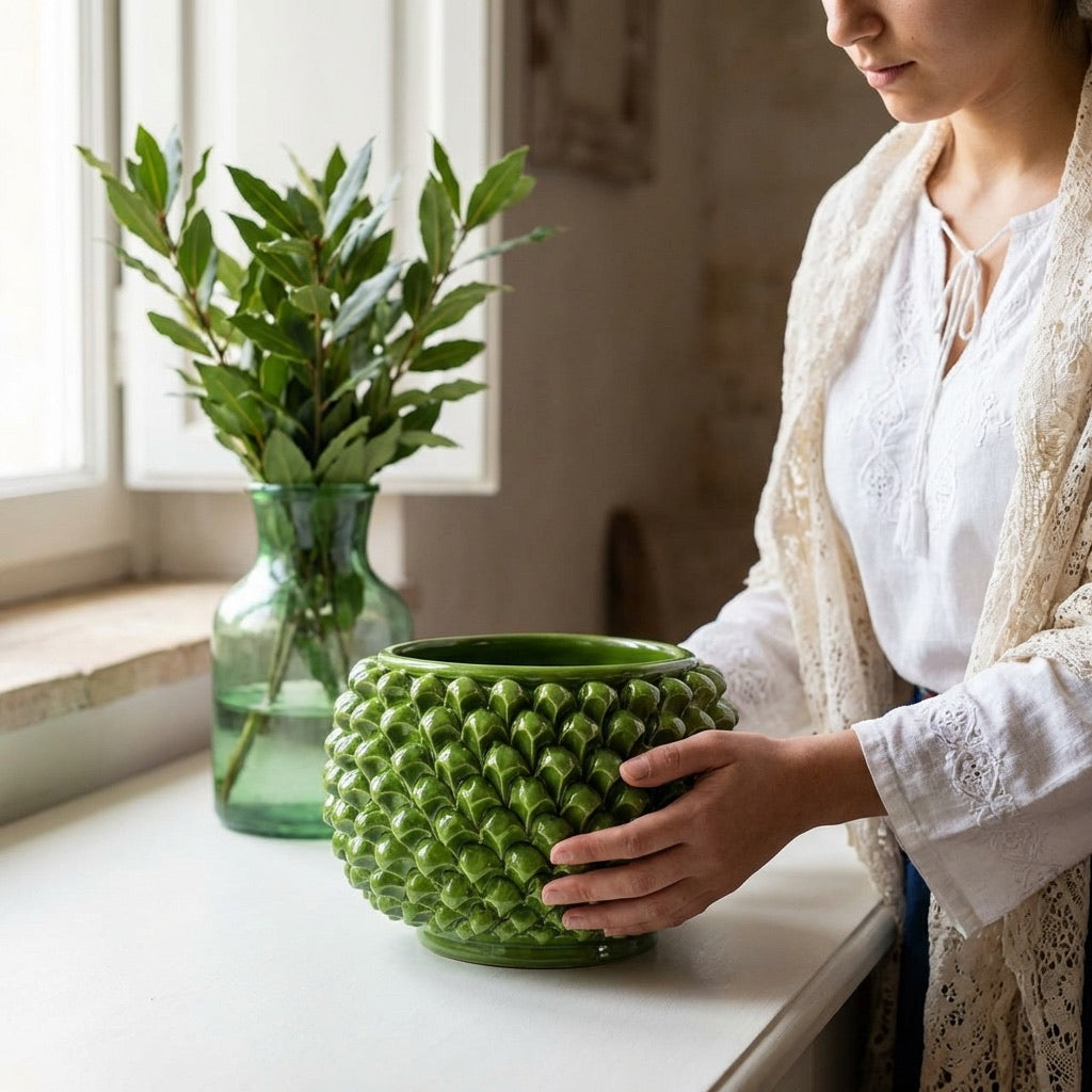 Vaso Mezza Pigna Senza Piede in Ceramica di Caltagirone - Verde Foglia