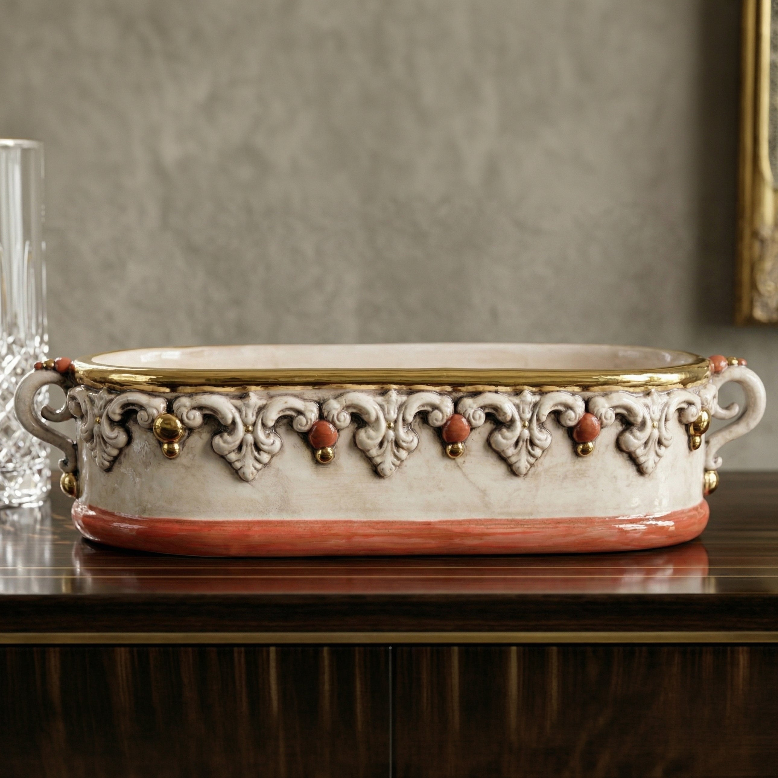 Cassetta Ovale in Ceramica di Caltagirone 35×8 cm - Plastico Sofia, Madreperla Antichizzato Oro