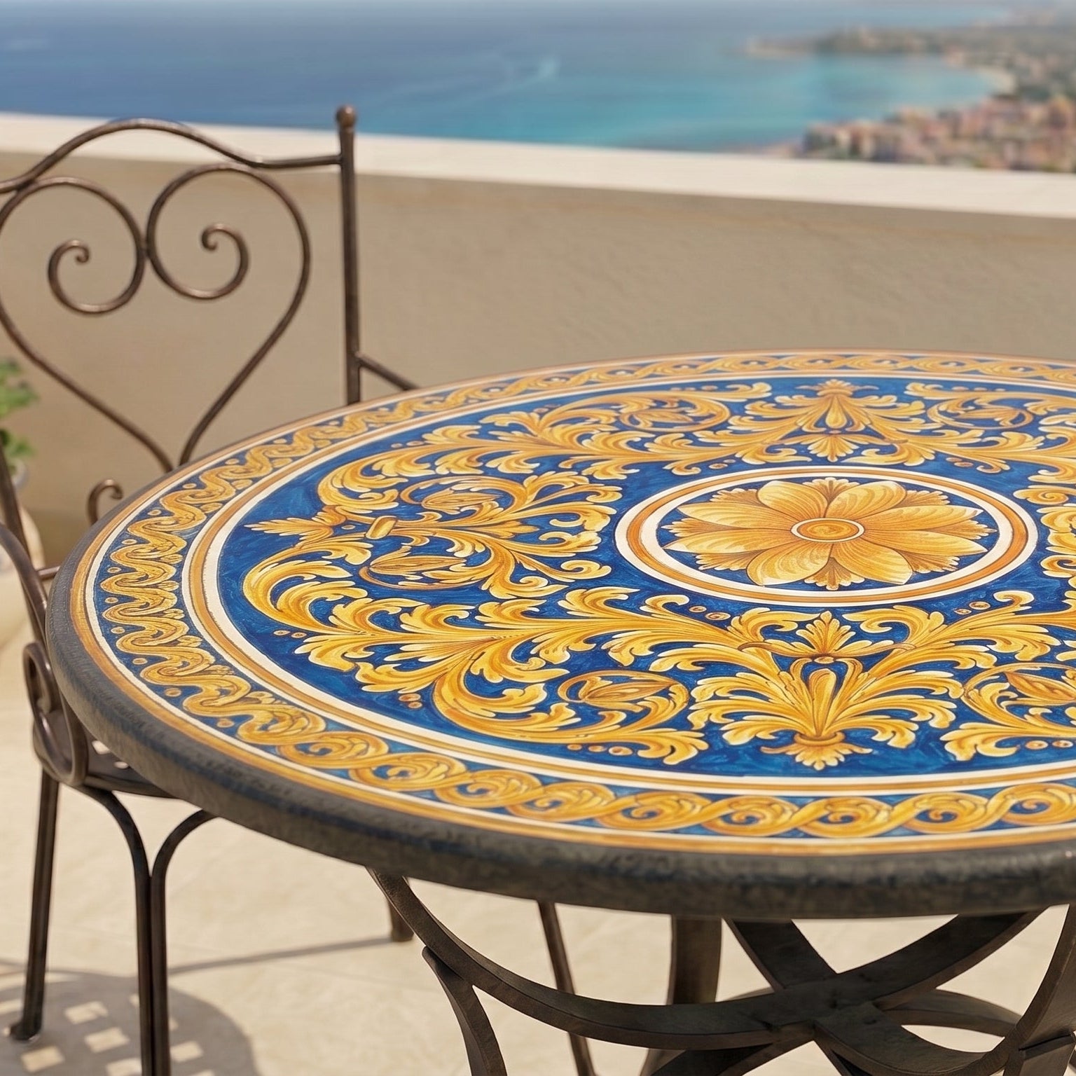 Tavolo in Pietra Lavica di Caltagirone - Ornato Fondo Blu