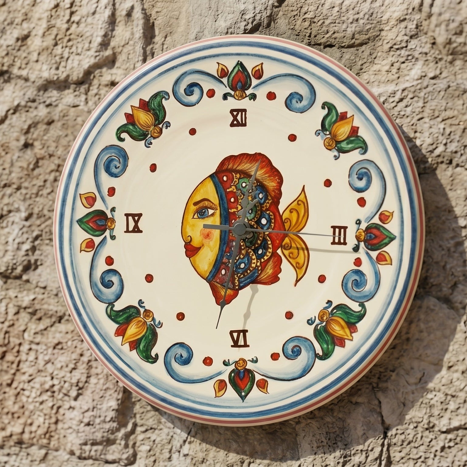 Orologio da Parete in Ceramica di Caltagirone Ø 30 cm - Decoro Pesci
