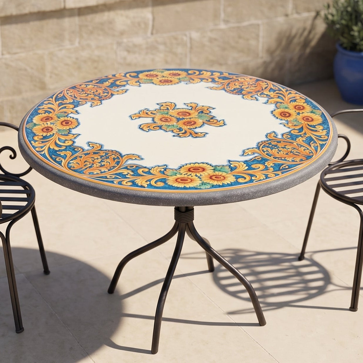 Tavolo in Pietra Lavica di Caltagirone - Decoro Girasoli