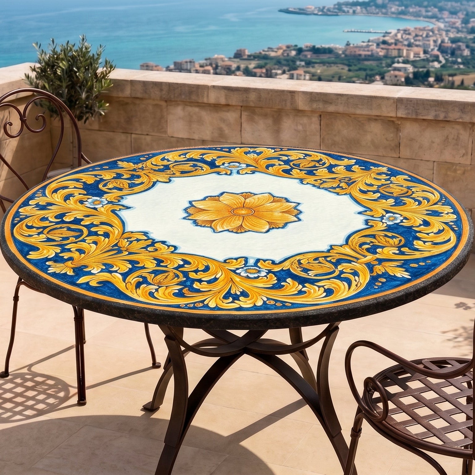 Tavolo in Pietra Lavica di Caltagirone - Cornice, Ornato Fondo Blu
