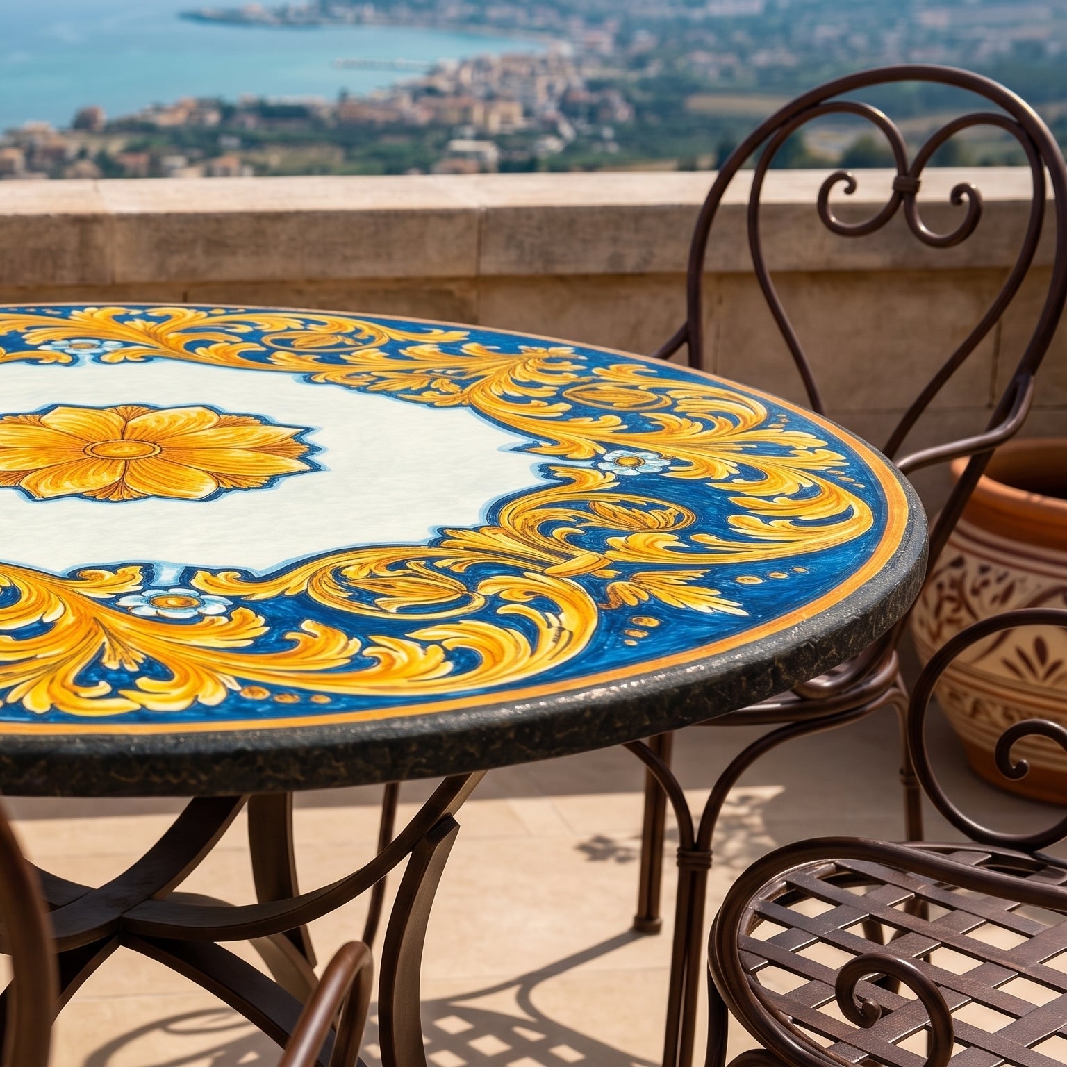 Tavolo in Pietra Lavica di Caltagirone - Cornice, Ornato Fondo Blu