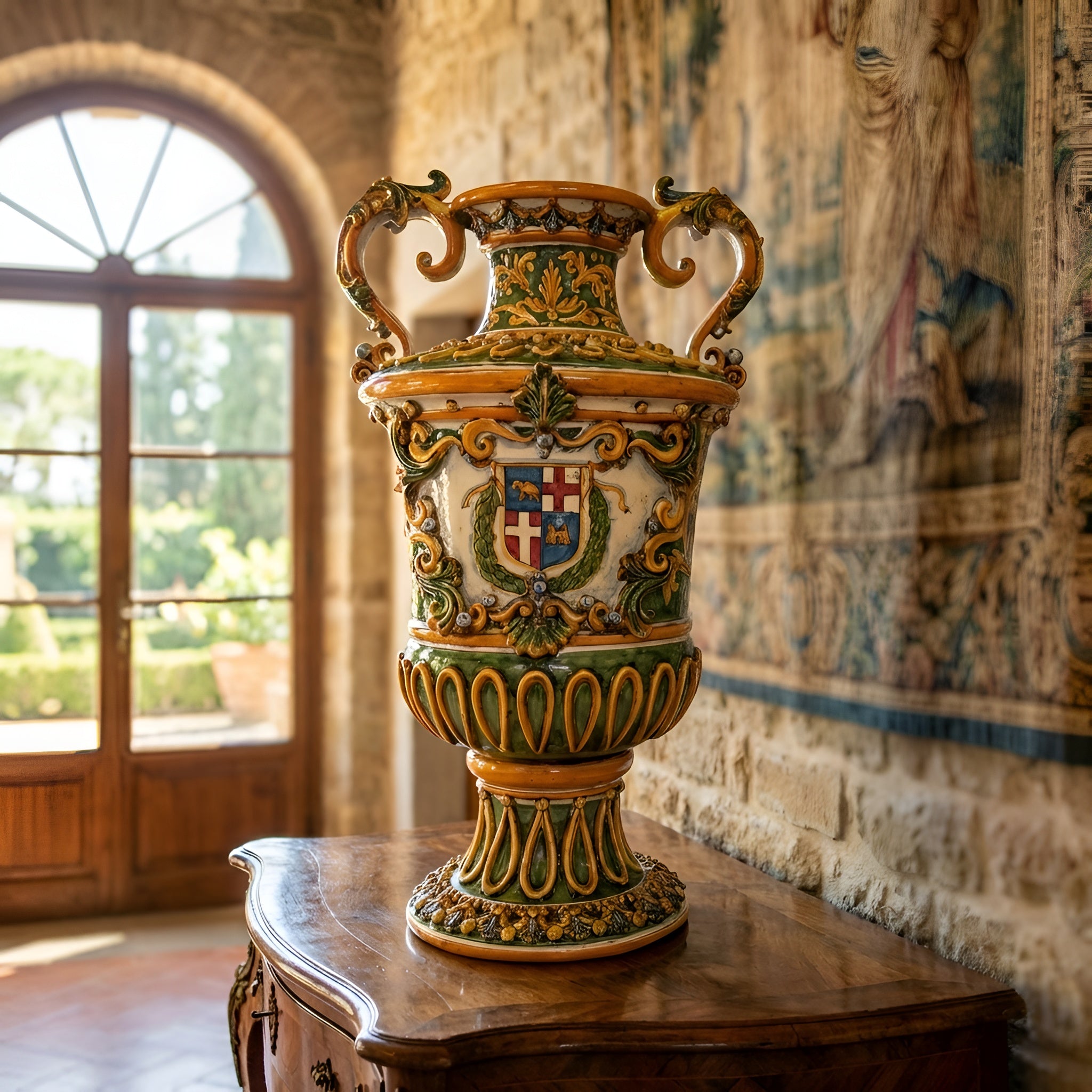 Vaso Monumentale in Ceramica di Caltagirone h 60 cm - Ornato Fondo Verde, Stemma Malta, Serie Limitata