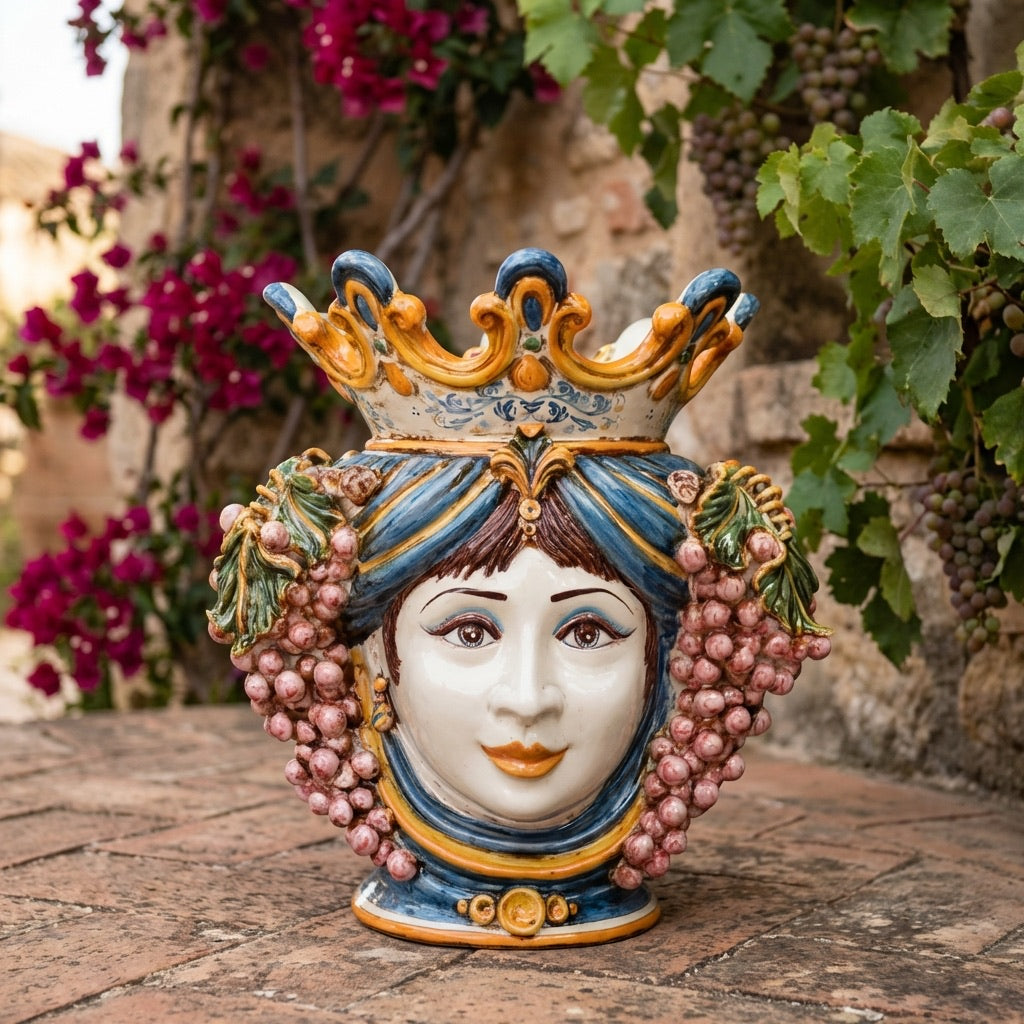 Testa di Moro con Uva h 40 cm - Donna, Blu e Arancio