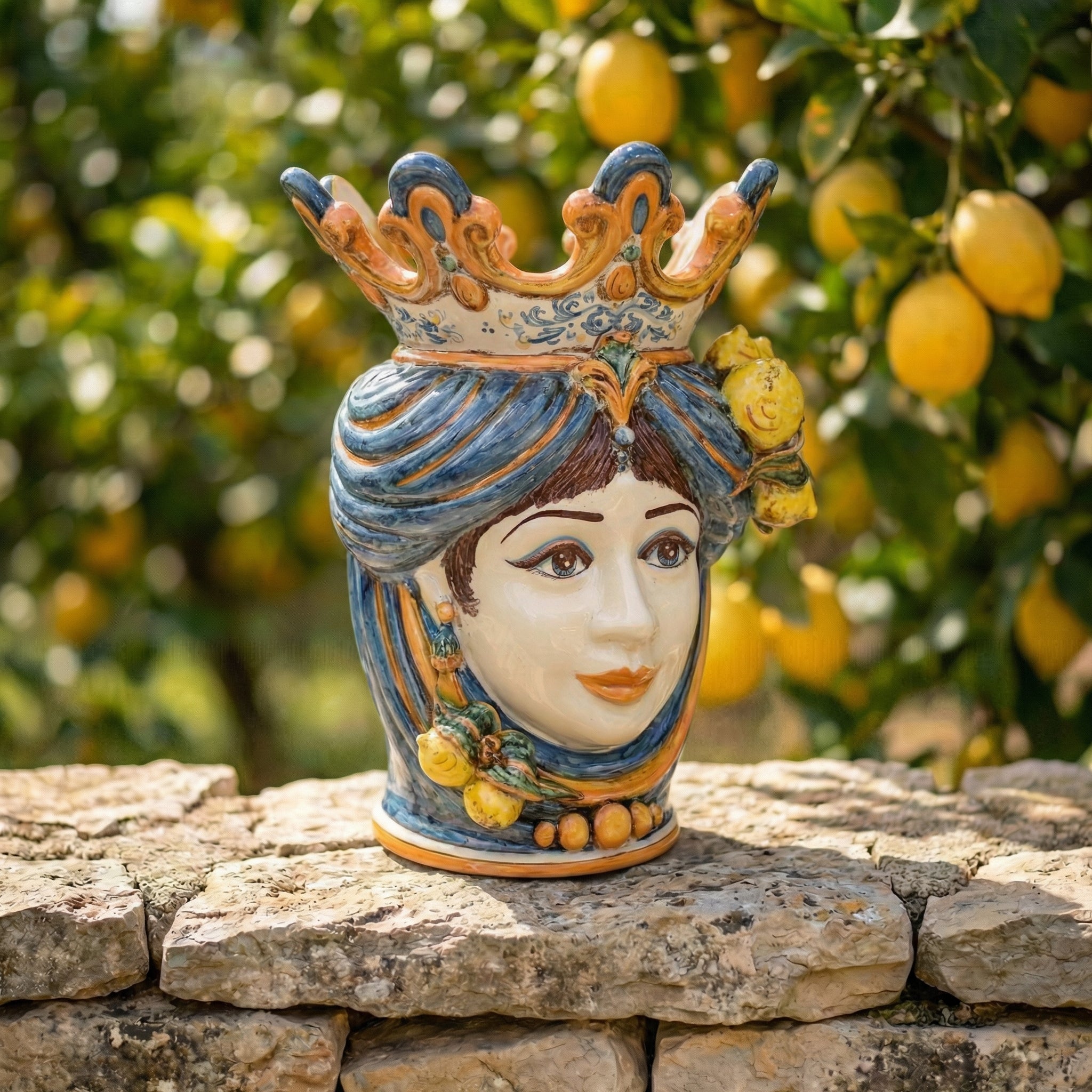 Testa di Moro con Limoni h 40 cm - Donna, Blu e Arancio