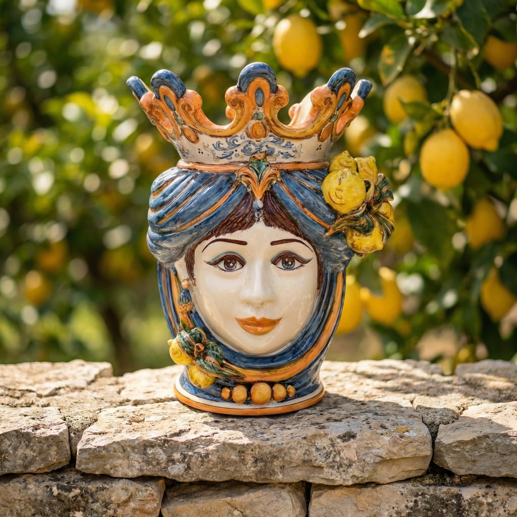 Testa di Moro con Limoni h 40 cm - Donna, Blu e Arancio