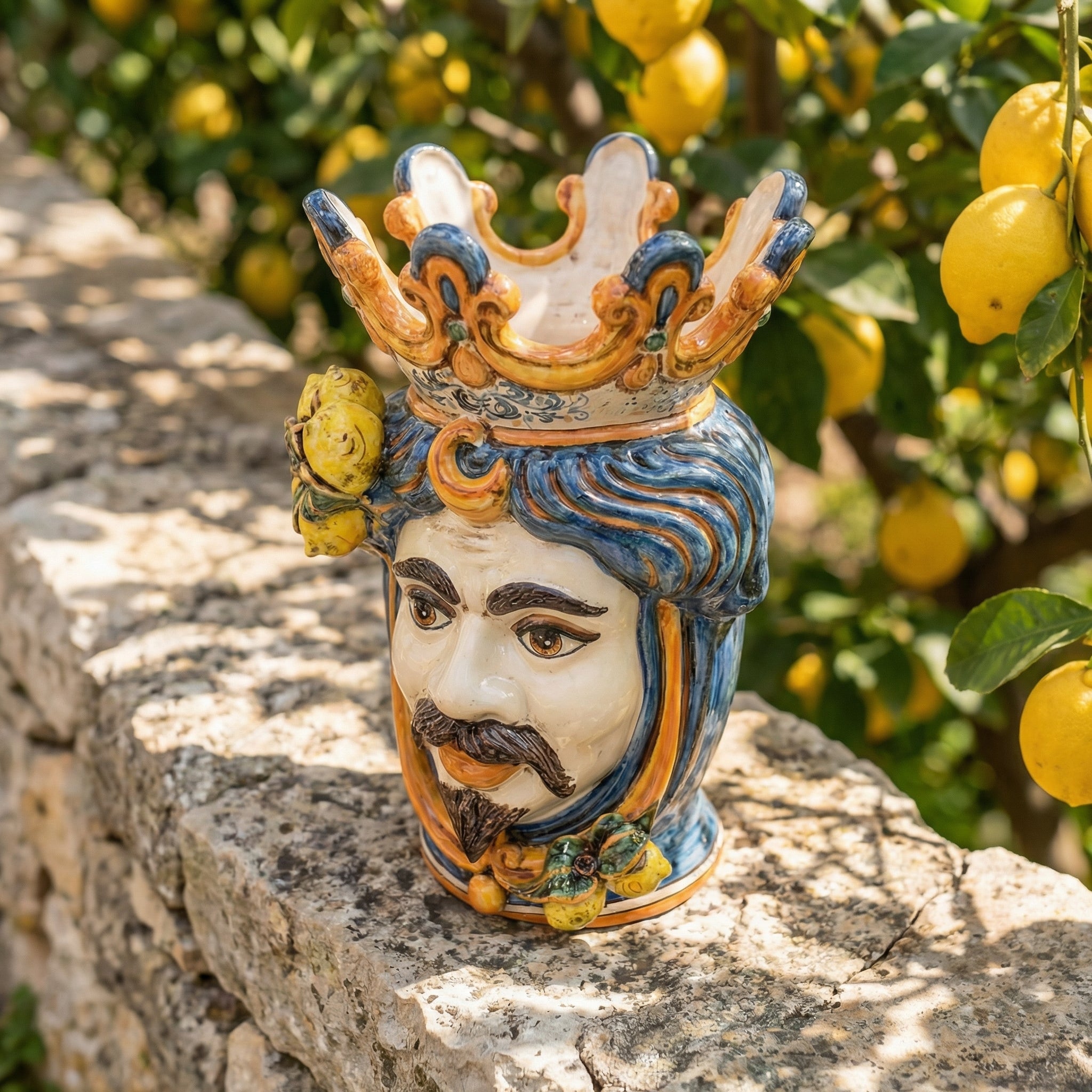 Testa di Moro con Limoni h 40 cm - Maschio Bianco, Blu e Arancio