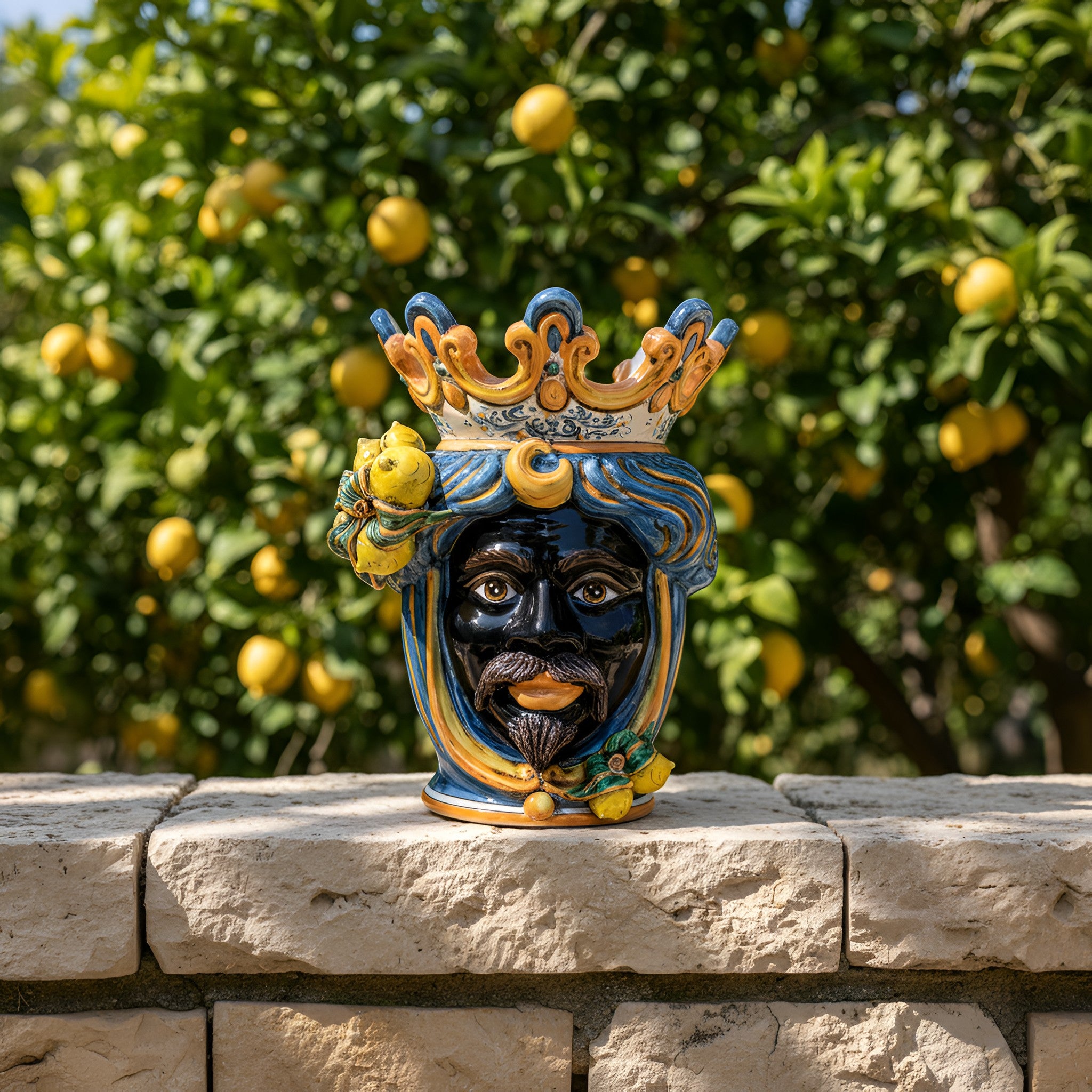 Testa di Moro con Limoni h 40 cm - Maschio Moro, Blu e Arancio