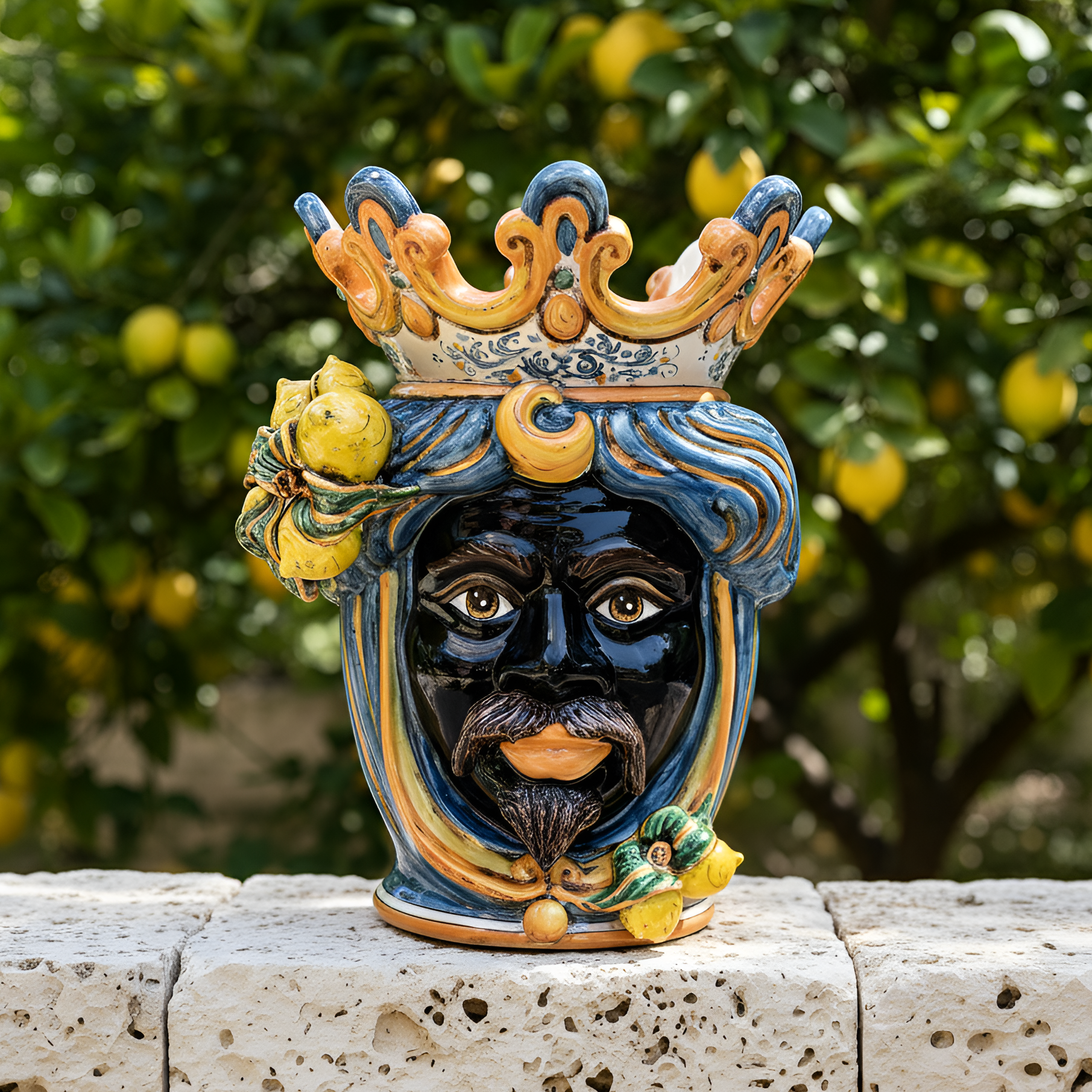 Testa di Moro con Limoni h 40 cm - Maschio Moro, Blu e Arancio