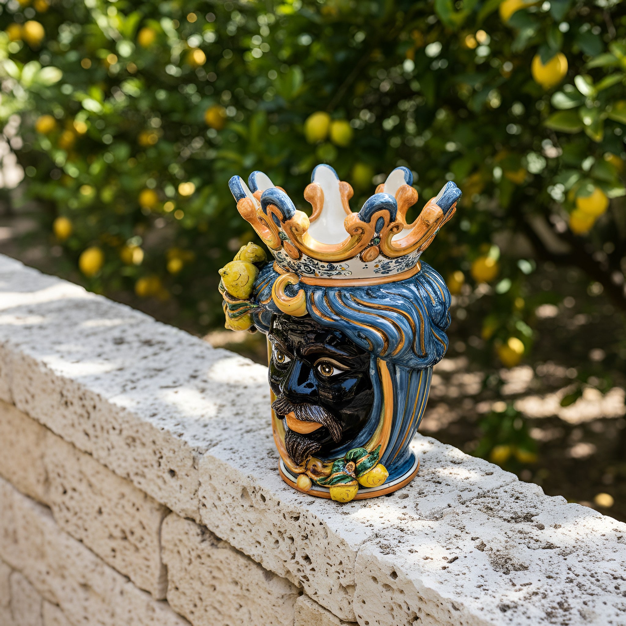 Testa di Moro con Limoni h 40 cm - Maschio Moro, Blu e Arancio