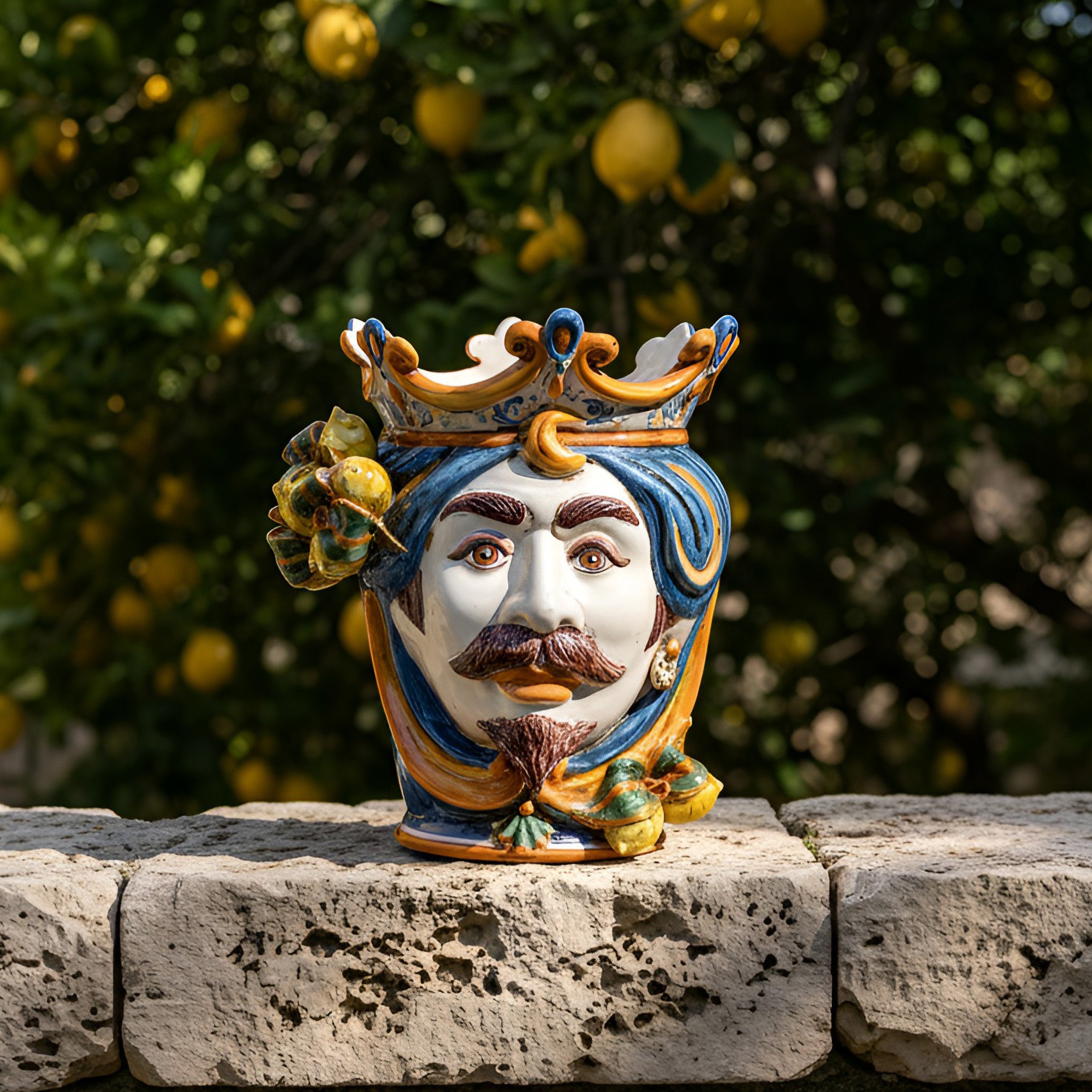 Testa di Moro con Limoni h 25 cm - Maschio Bianco, Blu e Arancio