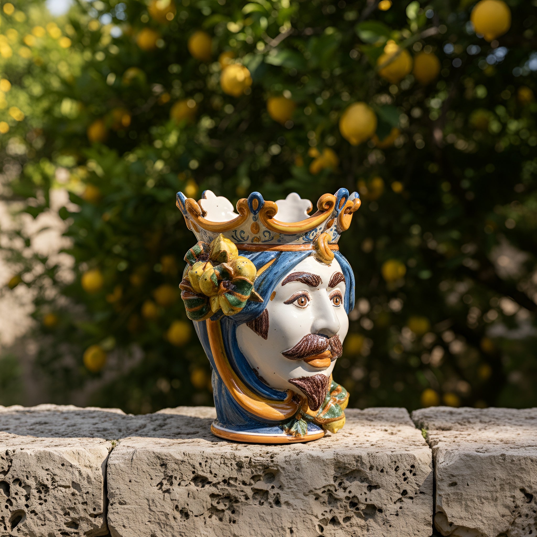 Testa di Moro con Limoni h 25 cm - Maschio Bianco, Blu e Arancio