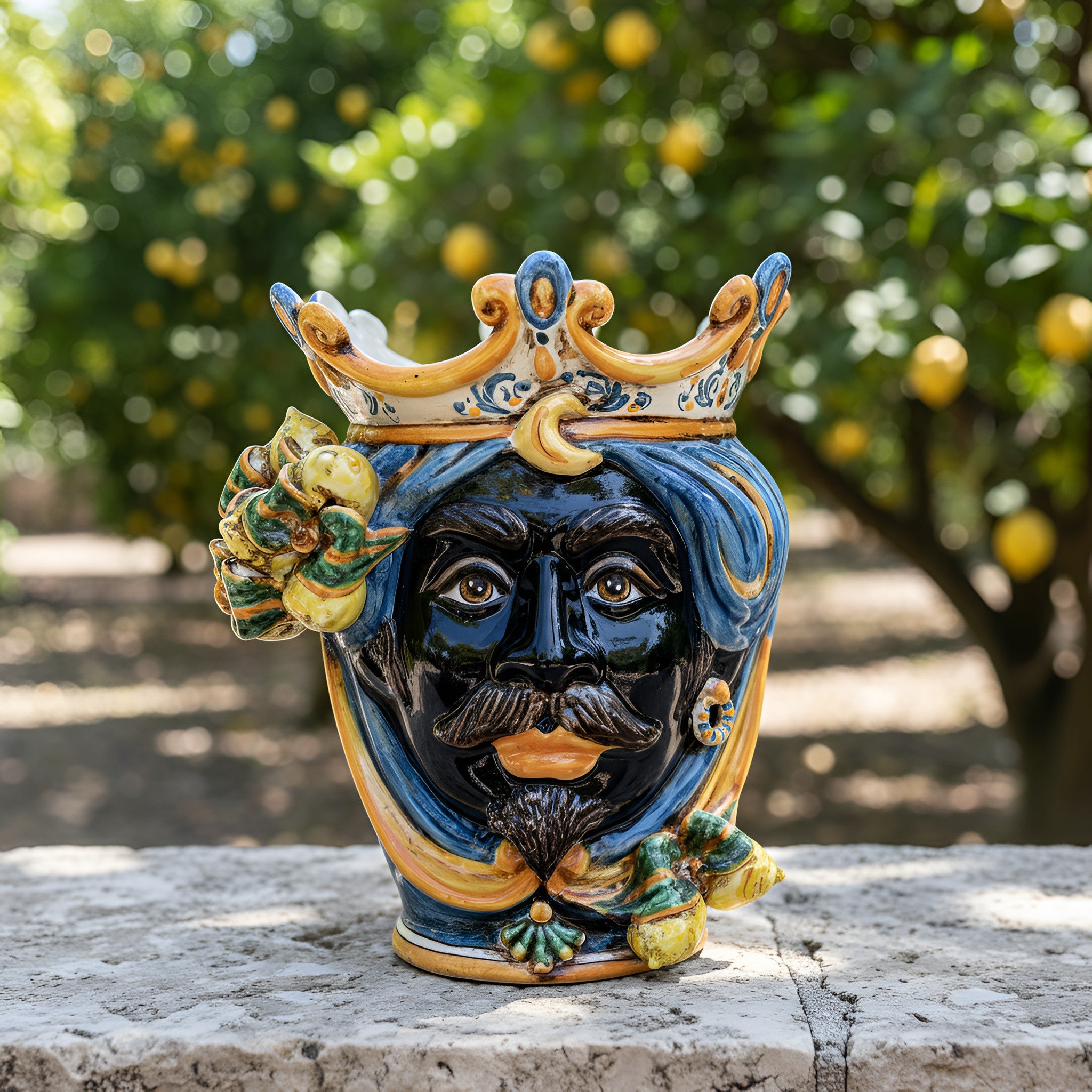 Testa di Moro con Limoni h 25 cm - Maschio Moro, Blu e Arancio