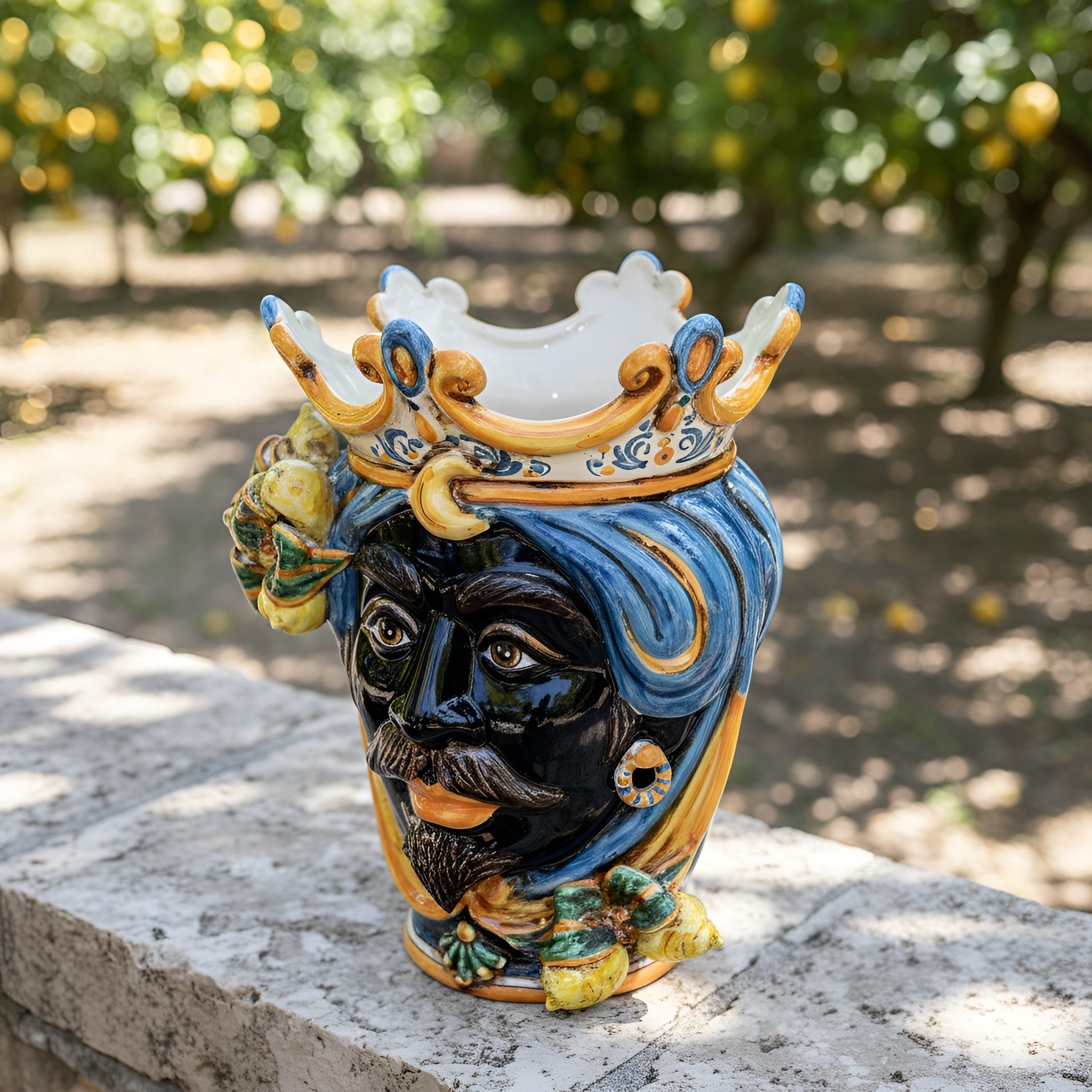 Testa di Moro con Limoni h 25 cm - Maschio Moro, Blu e Arancio