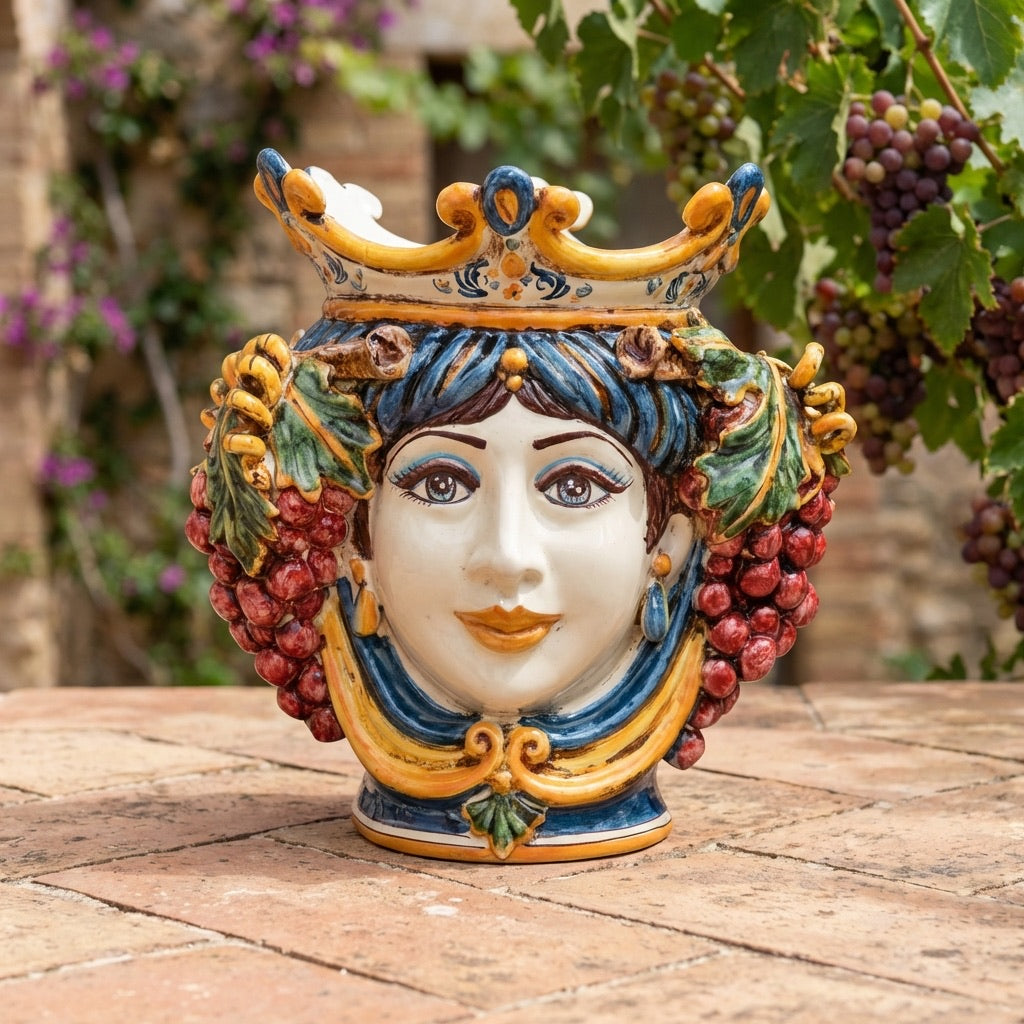 Testa di Moro con Uva h 25 cm - Donna, Blu e Arancio