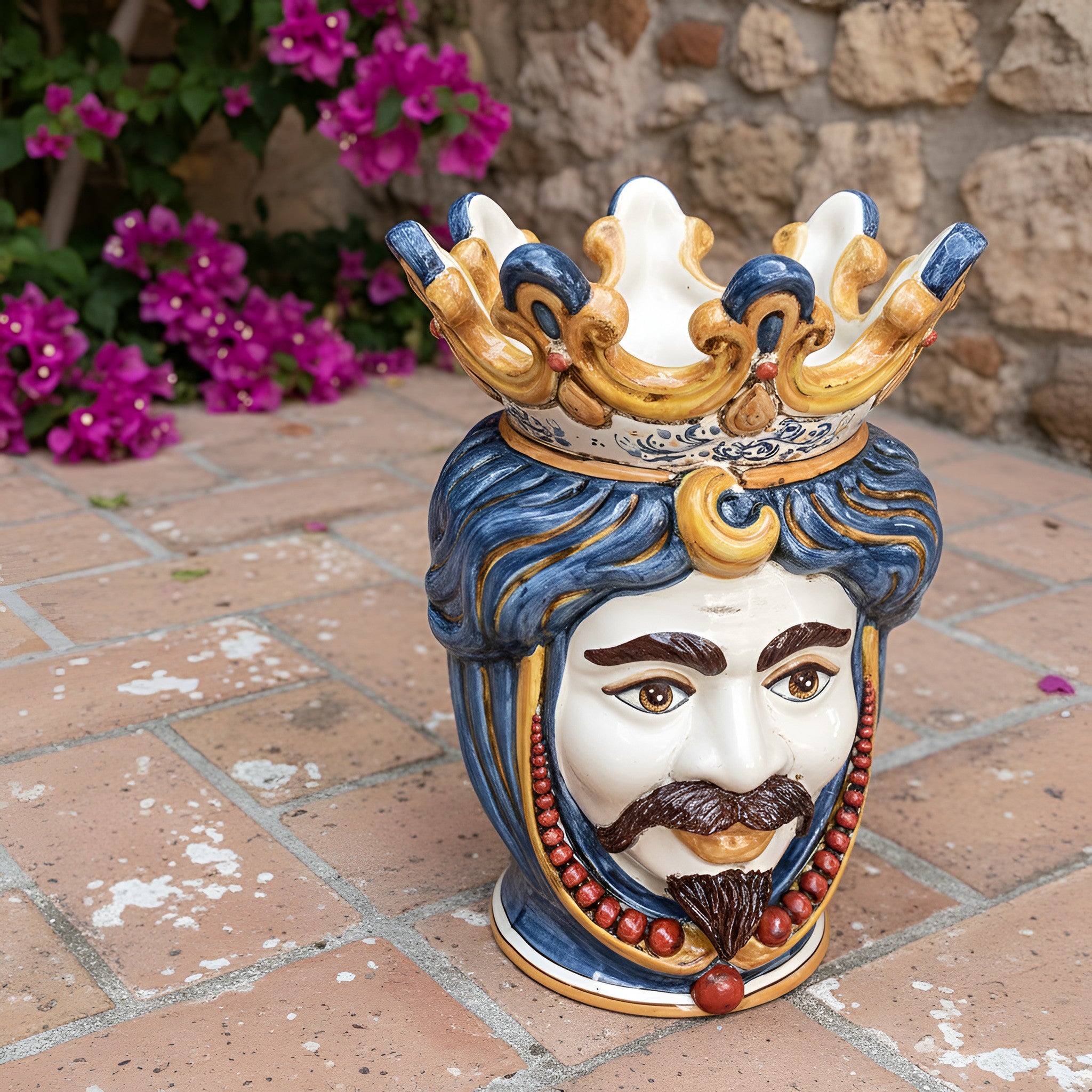 Testa di Moro con Perline h 40 cm - Maschio Bianco, Decoro Sicily