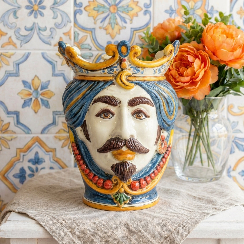 Testa di Moro con Perline h 25 cm - Maschio Bianco, Decoro Sicily