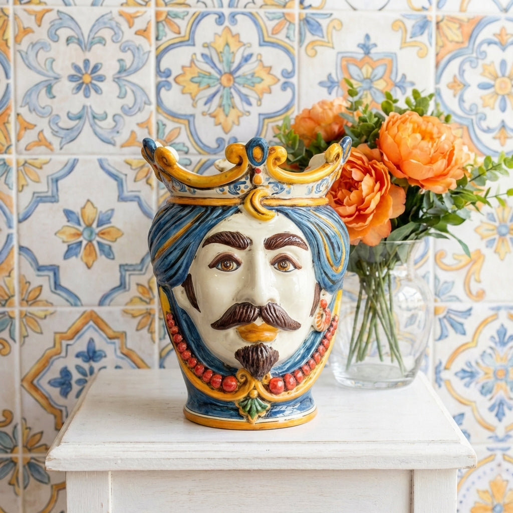 Testa di Moro con Perline h 25 cm - Maschio Bianco, Decoro Sicily
