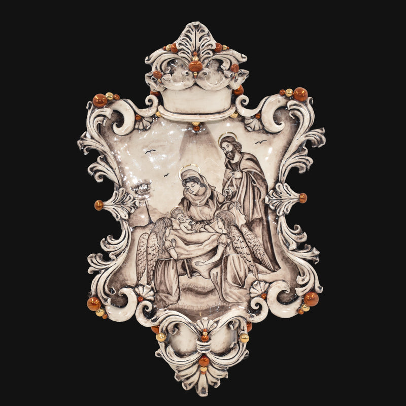 Acquasantiera Maxi Rettangolare in Ceramica di Caltagirone 35x45 cm - Natività con Angeli, Madreperla