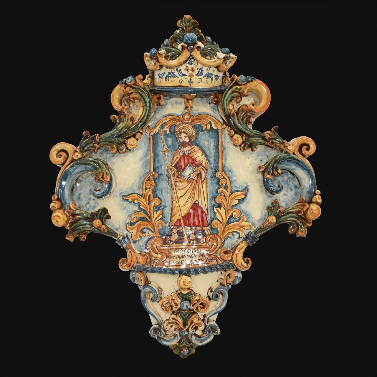 Acquasantiera maxi appl triangolare 35×45 san Giacomo(Santo patrono di Caltagirone) - Ceramiche di Caltagirone Sofia