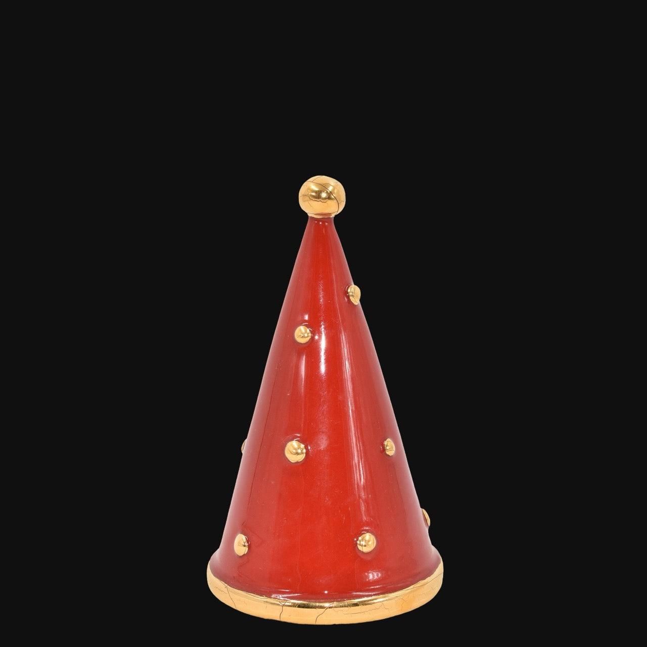 Albero di Natale cono rosso moderno in ceramica Caltagirone fatti a mano, decorato oro.