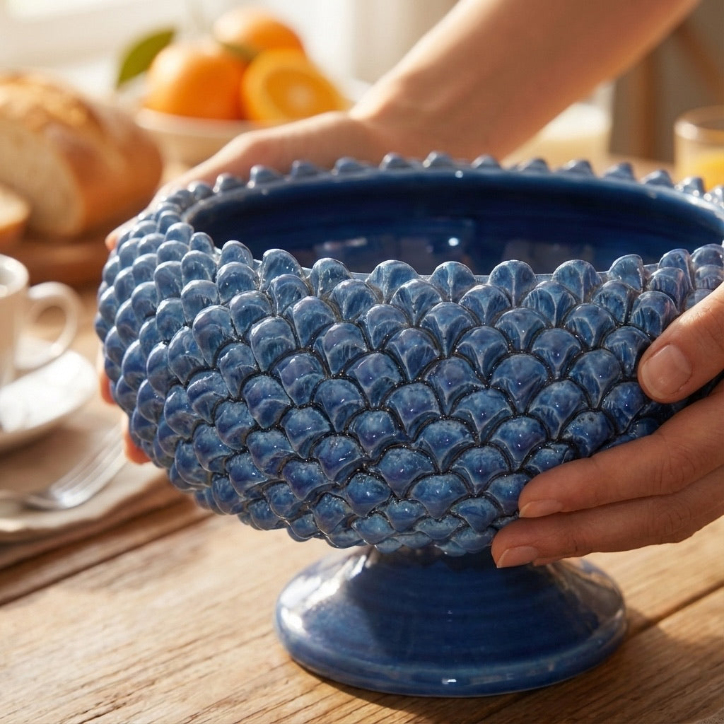 Centrotavola blu in ceramica di Caltagirone fatti a mano su tavolo rustico