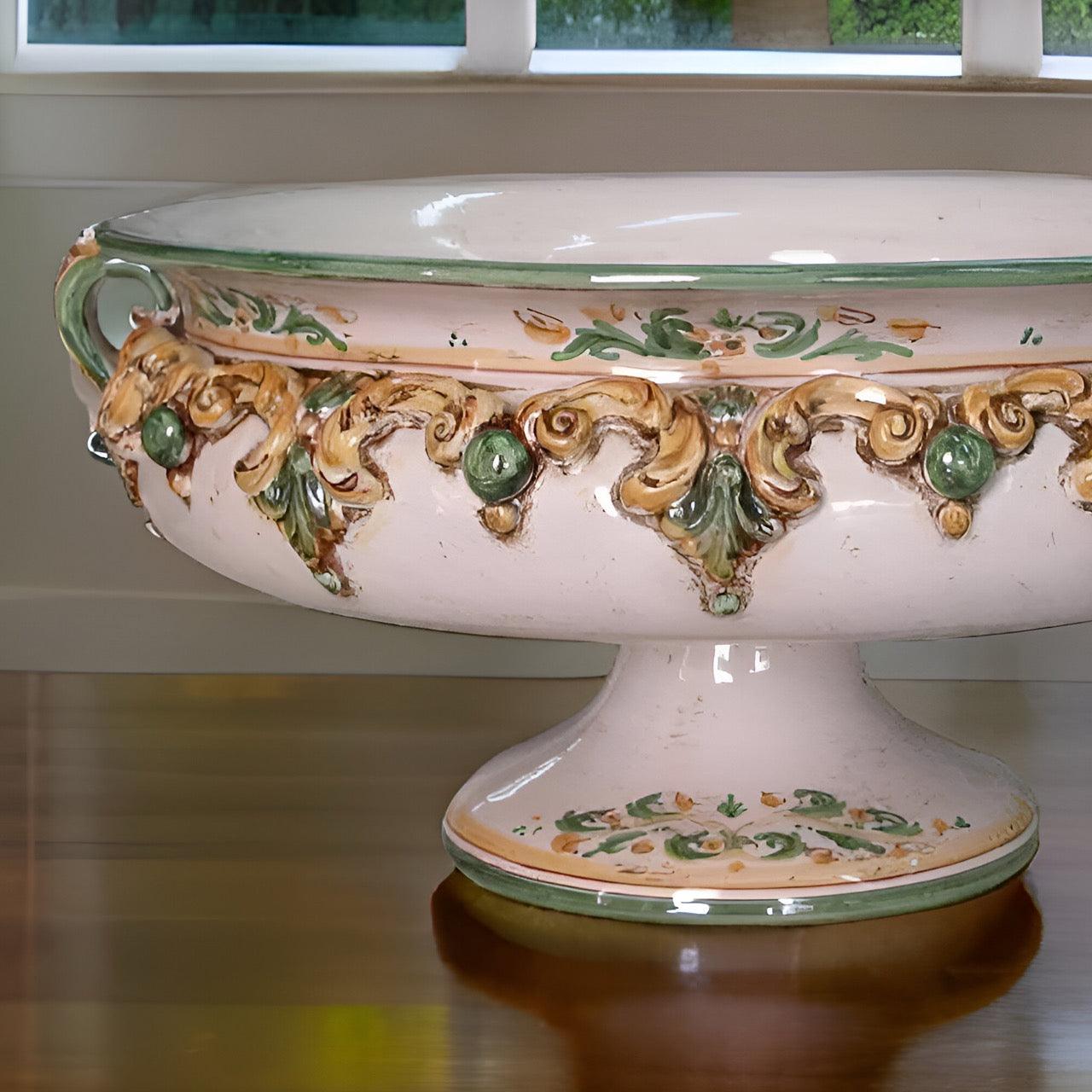 Alzata in ceramica artistica verde e arancio, ceramiche Caltagirone fatti a mano