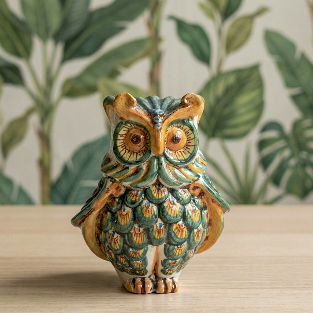 Gufo in Ceramica di Caltagirone h 15 cm - Verde e Arancio