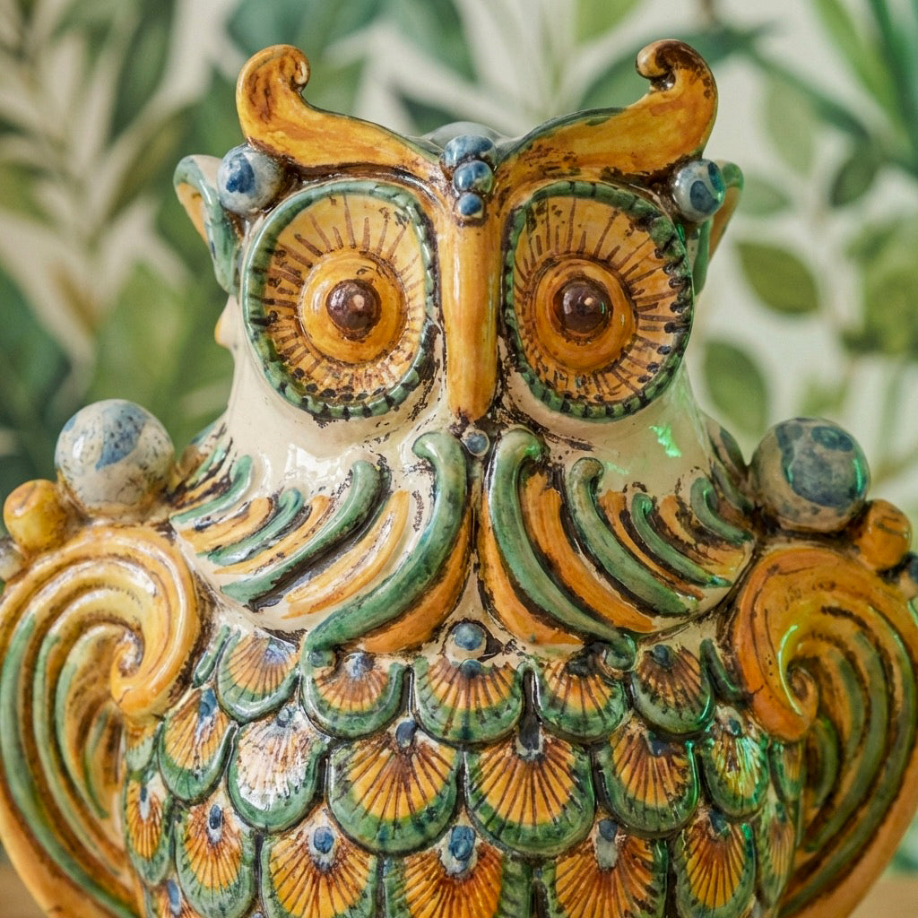 Gufo in Ceramica di Caltagirone h 30 cm - Verde e Arancio