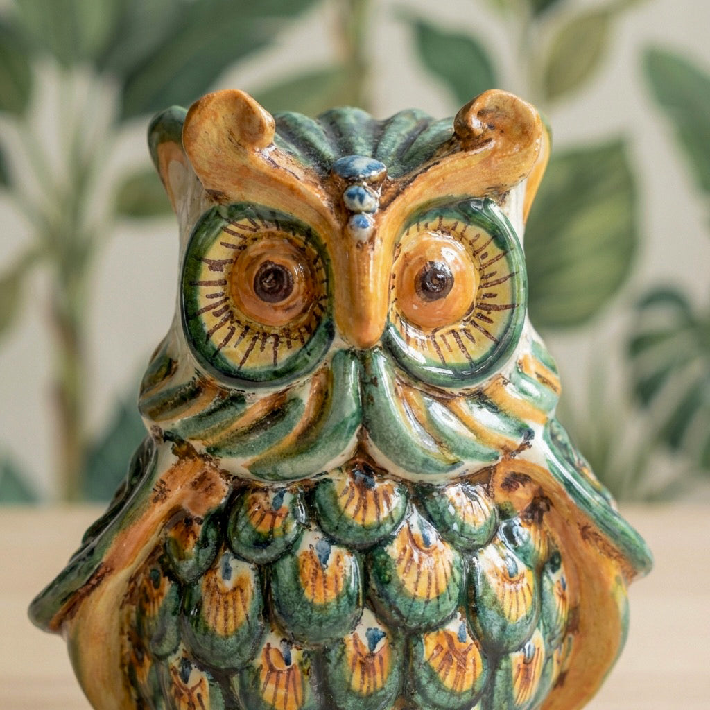 Gufo in Ceramica di Caltagirone h 15 cm - Verde e Arancio