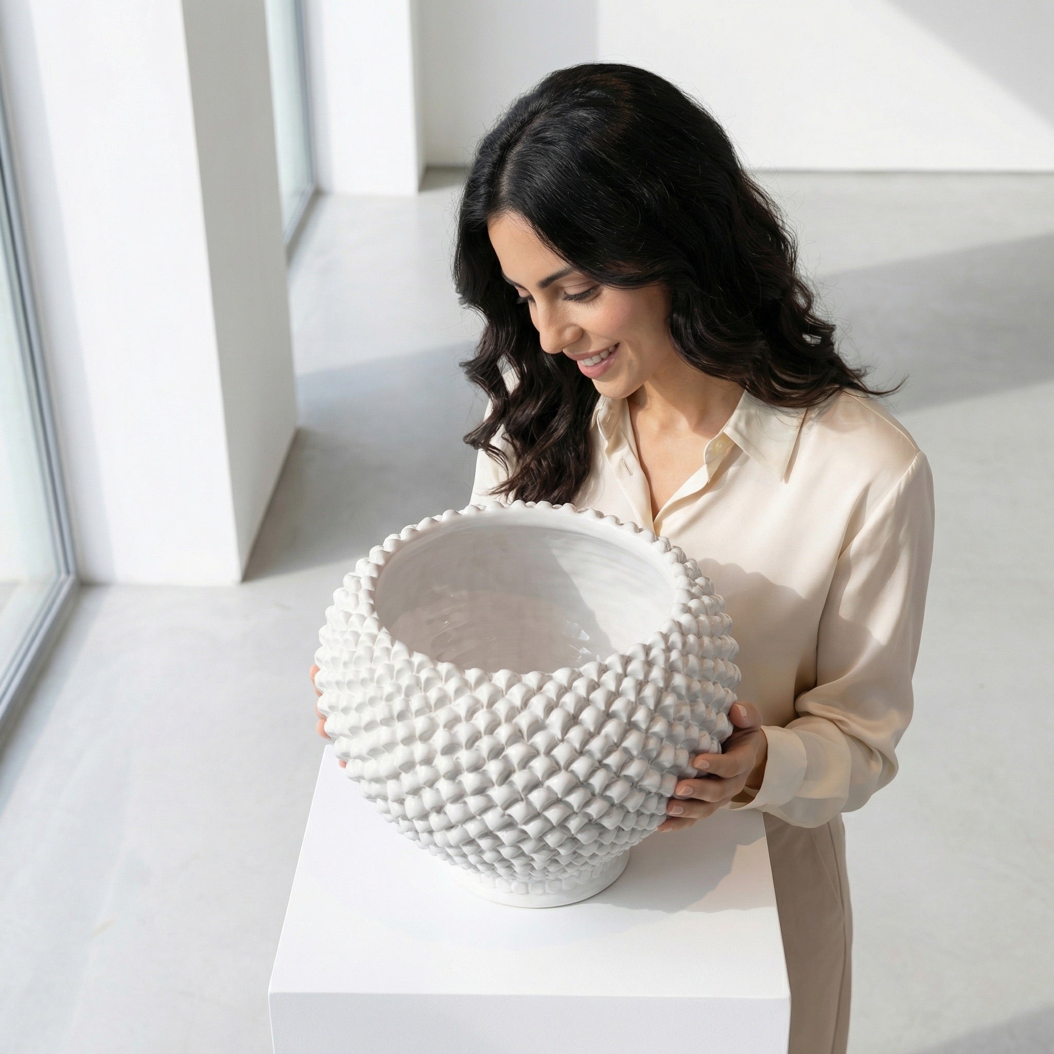 Cachepot a Pigna in Ceramica di Caltagirone - White Line