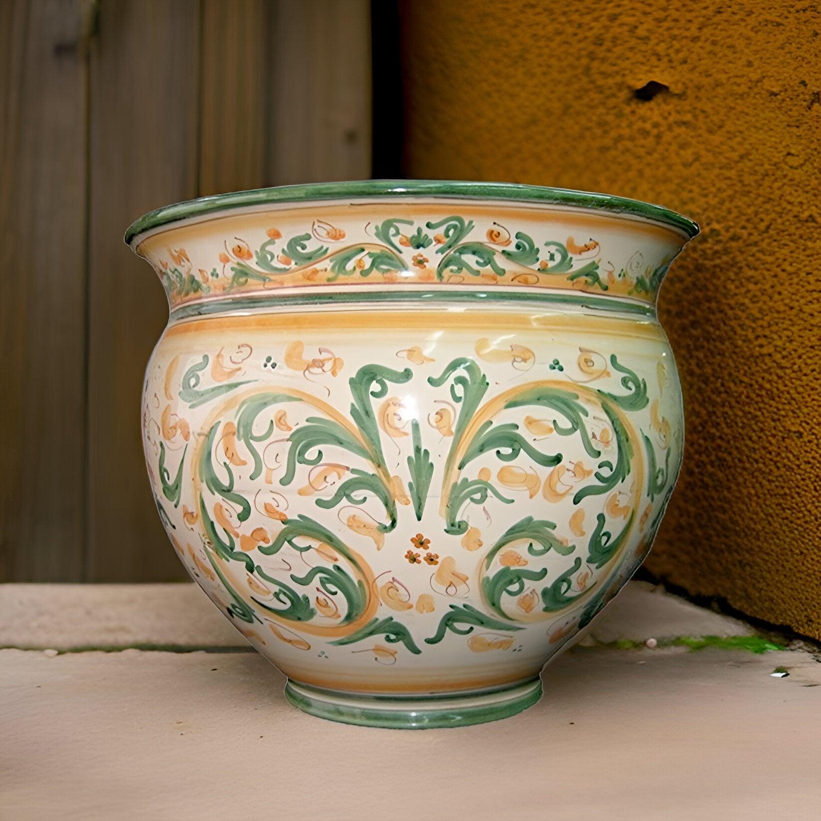 Cachepot in ceramica Caltagirone fatti a mano, decoro verde e arancio, stile tradizionale
