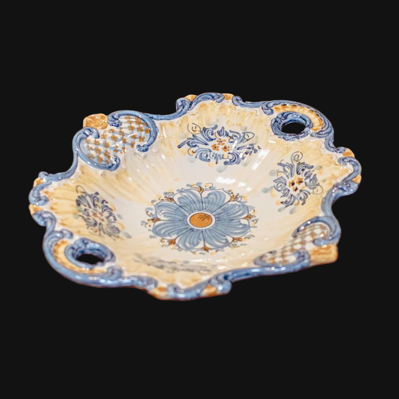 Centrotavola barocco in ceramica di Caltagirone blu e arancio, fatti a mano, decoro floreale.