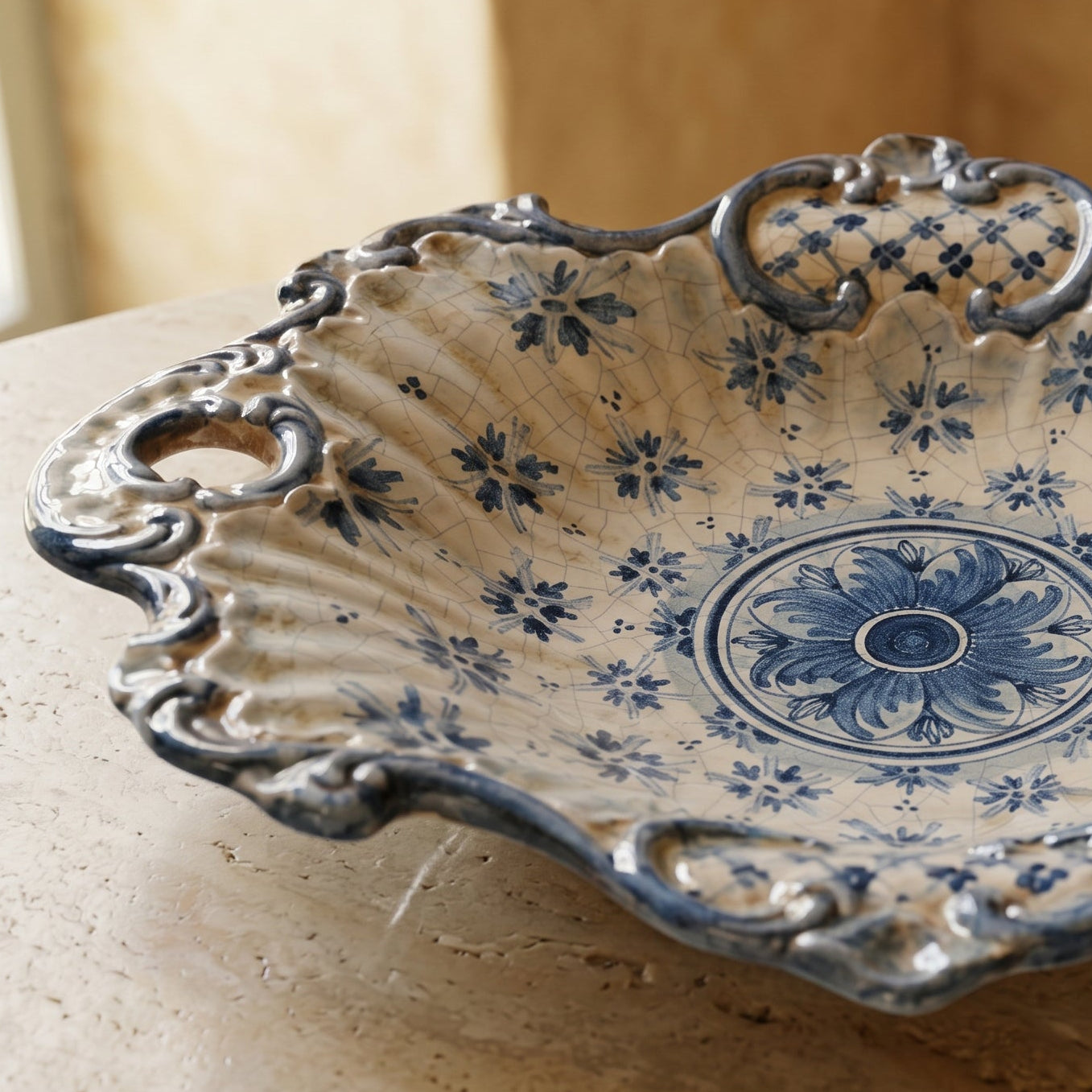 Centrotavola Barocco in Ceramica di Caltagirone 38×33 cm - Linea Stars, Mono Blu