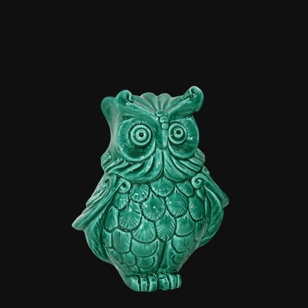 Gufo verde smeraldo in ceramica artistica caltagirone, ceramiche caltagirone fatti a mano