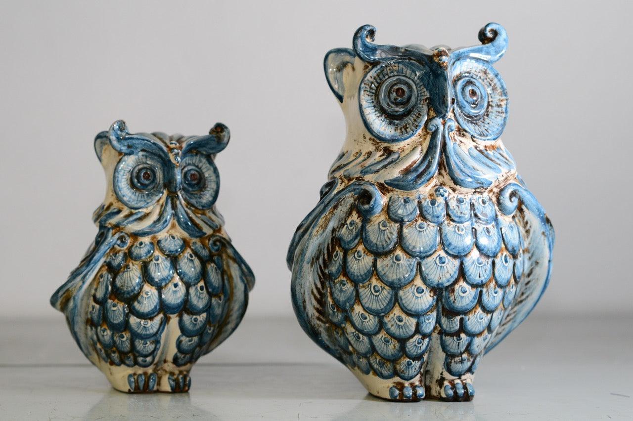 Gufi in ceramica blu Ceramiche di Caltagirone Sofia, animali decorativi fatti a mano