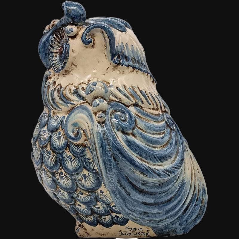 Gufo in ceramica di Caltagirone Sofia, decorazione blu, ceramiche caltagirone fatti a mano