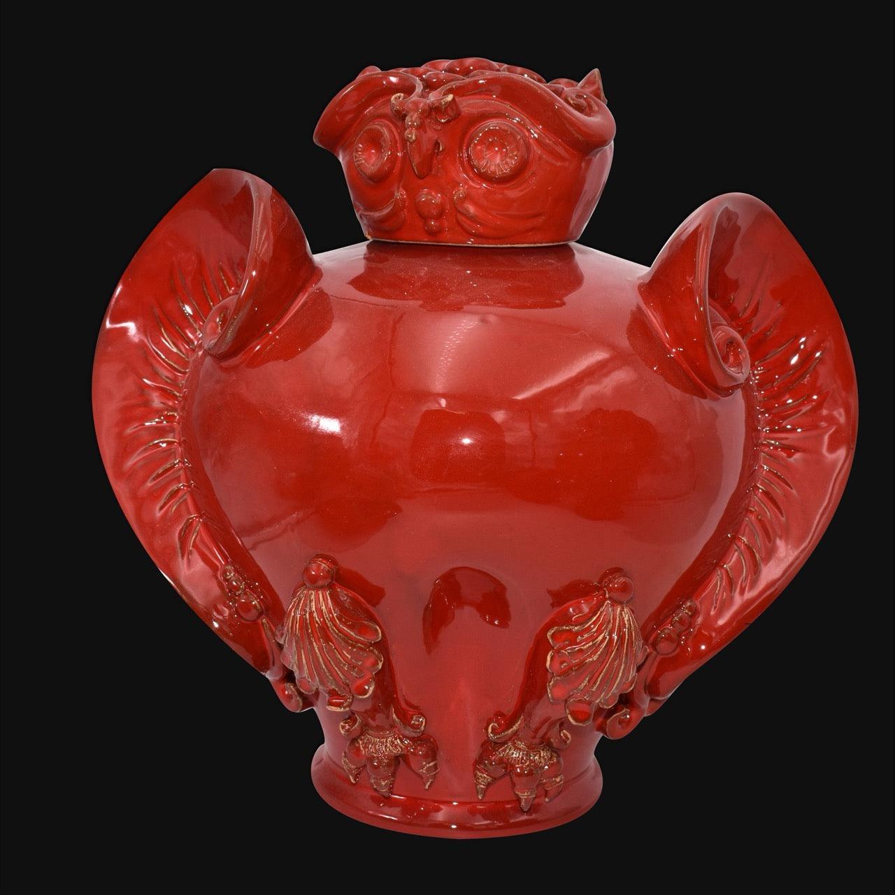 Gufo potiche rosso fuoco in ceramica, ceramiche Caltagirone fatti a mano, Sofia