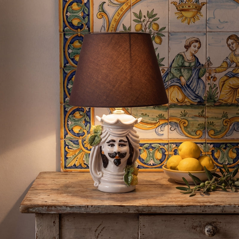 Lume a Testa con Espressione h 35 cm (ceramica h 15 cm, Paralume in Tessuto Ø 20 cm) - White and Lemon