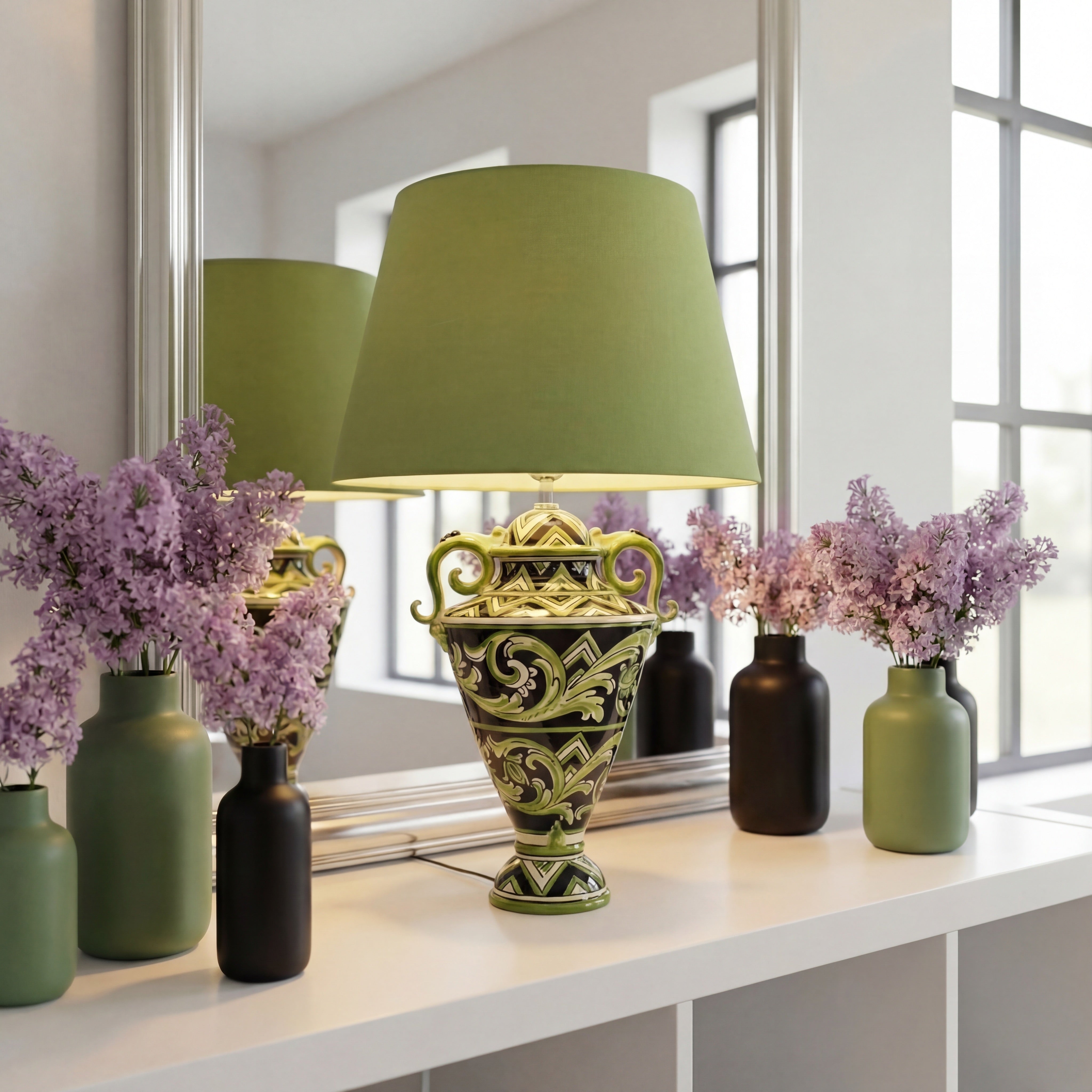 Lume Defra in Ceramica di Caltagirone h 35 cm - Linea Parigi, Nero e Verde